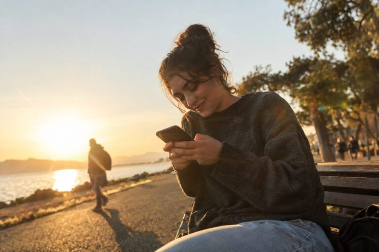 Άτομο κρατά κινητό, οθόνη με μηνύματα dating, γύρω του ζωδιακά σύμβολα που συνδέονται με το άρθρο.